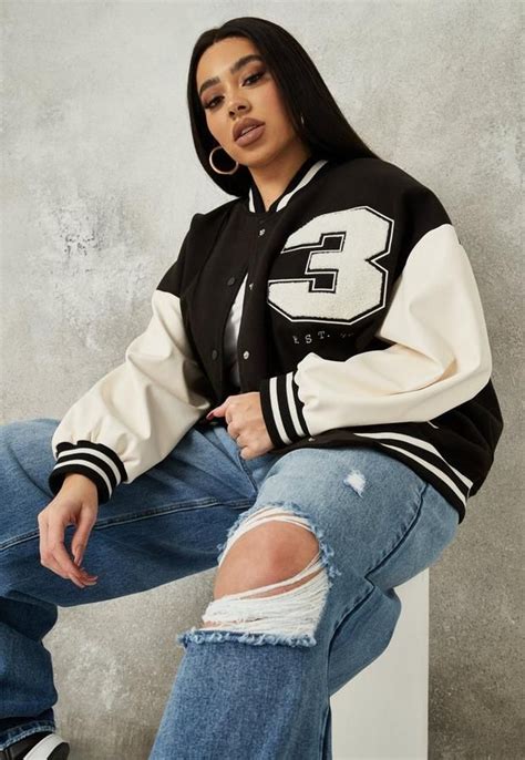 Plus Size Black Faux Leather Sleeve Varsity Jacket In 2021 Jacket