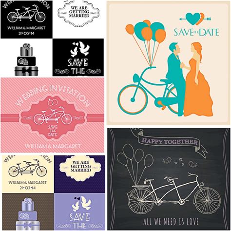wedding vector card set with retro bicycles free download