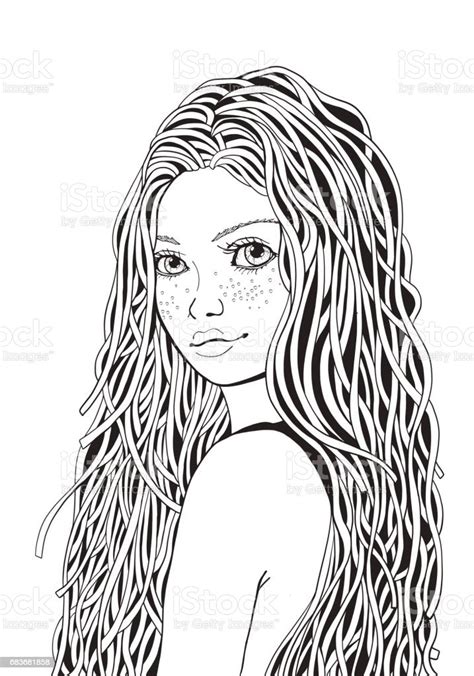 Cute Girl Coloring Book Page For Adult Black And White Doodle Style