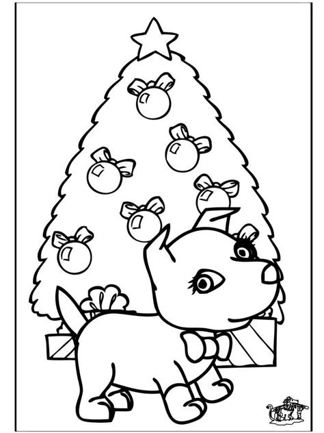 Christmas Dog In Front Of Christmas Tree Coloring Pages Free
