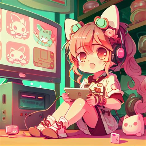 Kawaii Girl Jouant à Des Jeux Vidéo Mignon Gamer Kid Illustration