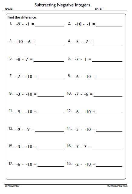 Subtracting Negative Integers Worksheet For Grade 7 Edumonitor