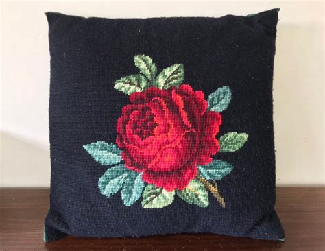 vintage red rose black and green needlepoint throw pillow etsy throw pillow etsy red roses
