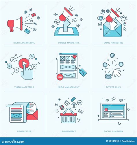 Set Of Flat Line Icons For Marketing Stock Vector Illustration Of