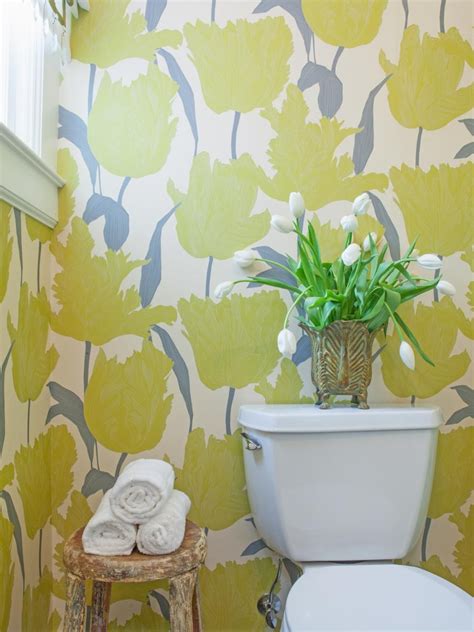 Bathroom With Yellow And Gray Floral Wallpaper Bathroom Wall Colors