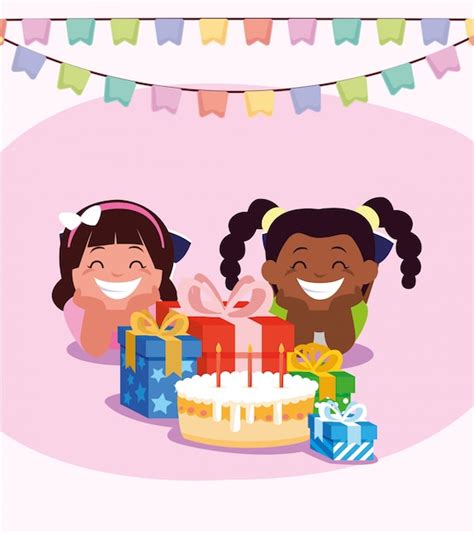 Premium Vector Girls Cartoons With Happy Birthday Cake And Ts