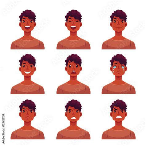 Young African Man Face Expression Set Of Cartoon Vector Illustrations