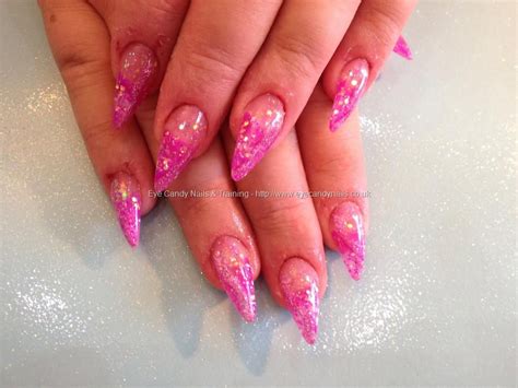 Full Set Of Stilettos With Pink Glitter Nail Art