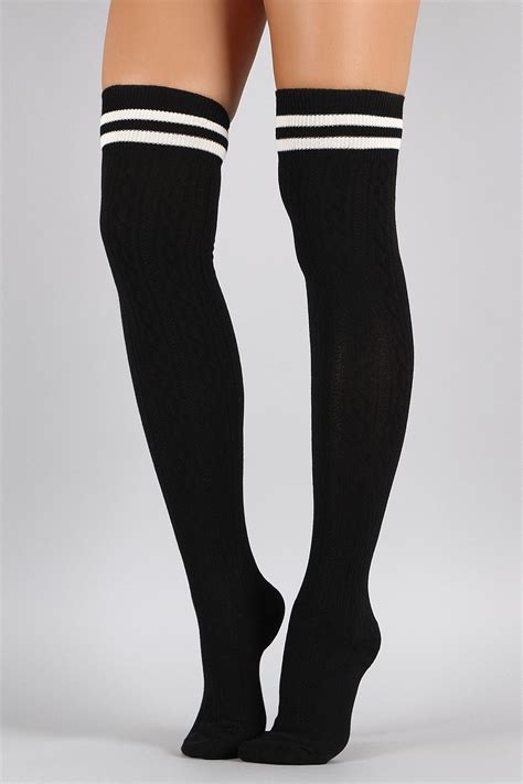 Double Stripe Textured Thigh High Socks