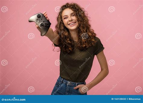 Pretty Gamer Girl On Pink Background Stock Photo Image Of Girl