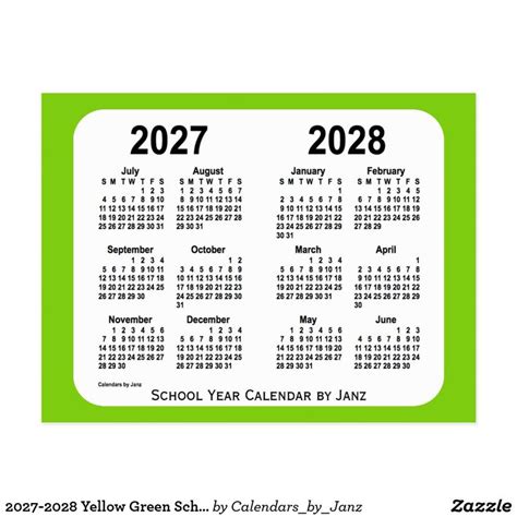 2027 2028 Yellow Green School Calendar By Janz Postcard School