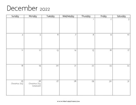 20 December 2022 Calendar Printable Us Holidays Blank Free Printable