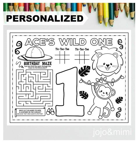 Jungle Wild One Printable Placemat Activity Jungle Coloring Etsy