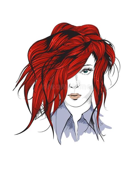 Hand Drawn Beautiful Young Woman Face With Red Hair Fashion Beautiful