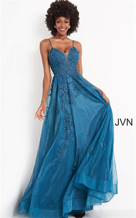 Jvn02266 Teal Plunging Neck Embroidered Prom Dress