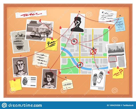 Detective Board With Pins And Evidence, Crime Investigation Cartoon