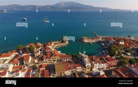 Aerial Photo Of Venetian Port Of Nafpaktos In West Greece Stock Photo