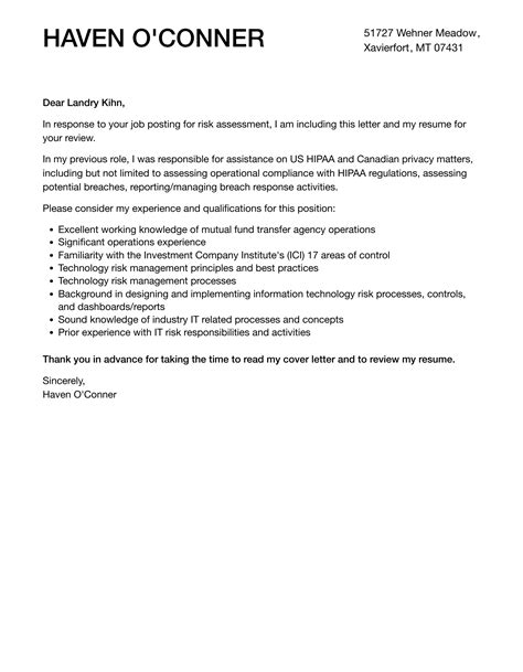 Risk Assessment Cover Letter Velvet Jobs
