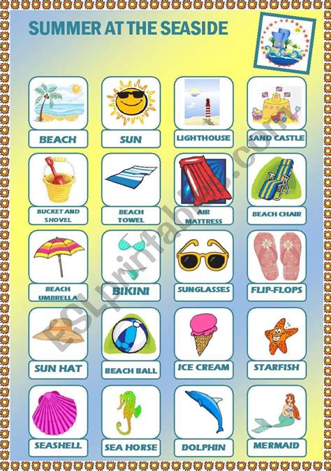 Summer At The Seaside Pictionary Activities Answer Key Esl