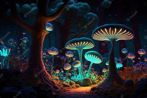 Premium Photo Bioluminescent Glowing Mushroom Forest Glowing Mushroom