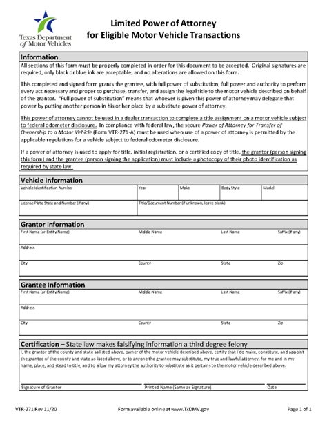 Free Texas Motor Vehicle Power Of Attorney Form Vtr 271 Pdf