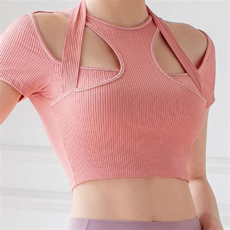 sport crop top yoga hollow hard shoulder sexy women workout shirt short sleeve fitness silm