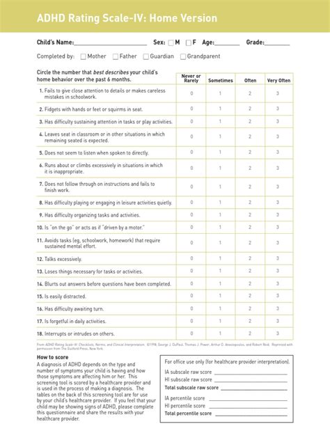 Adhd Rating Scale Iv Home Version Attention Deficit Hyperactivity