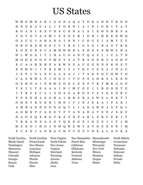 50 States Word Search Printable