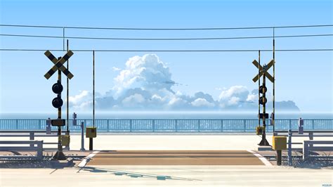 Download 1920x1080 Anime Landscape Train Station Scenery Ocean Clear Sky Wallpapers For