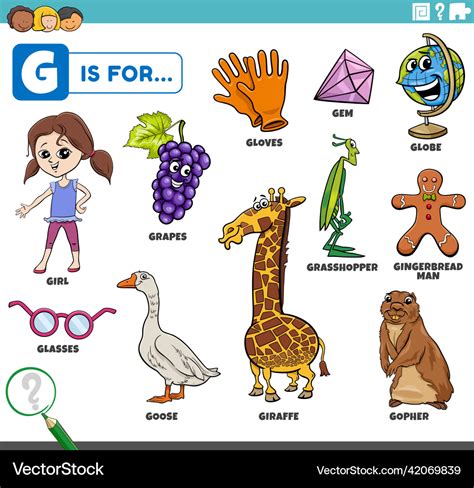 Letter G Words Educational Set With Cartoon Vector Image