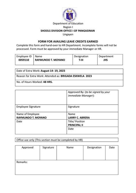 Brigada Eskwela Form For Availing Leave Credits Earned 2 Department