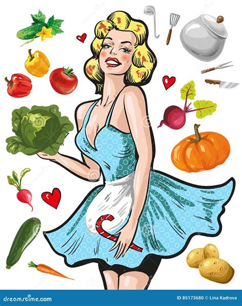 pin up girl in an apron with vegetables cooking concept stock vector illustration of cabbiage