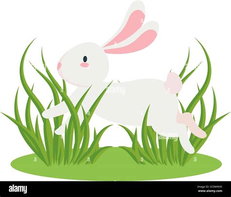 Cute White Rabbit Cartoon On Green Grass Vector Design Stock Vector