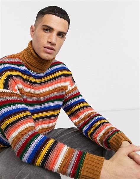 Asos Design Roll Neck Sweater In Multi Colored Stripe Asos Roll Neck
