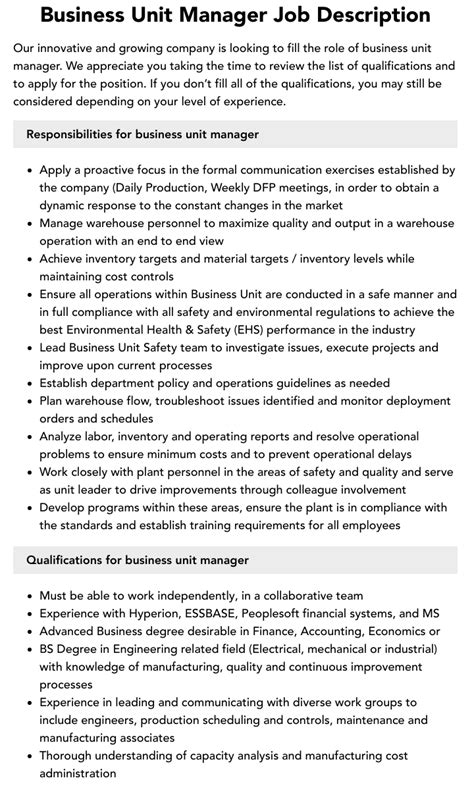 Business Unit Manager Job Description Velvet Jobs