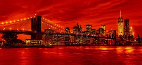 Panorama New York City At Night In Red Tonality Stock Image Image Of
