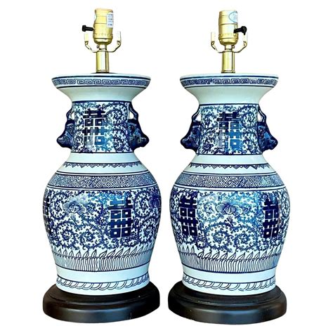 Vintage Asian Blue And White Lamps A Pair For Sale At 1stdibs
