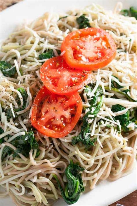 Add some protein to make it a main course such as grilled chicken, sauteed shrimp, sliced flank steak or stir in some white beans. Angel Hair Pasta with Garlic and Spinach