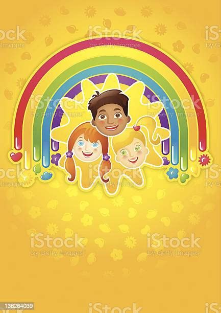 Vetores De Três Crianças Felizes Em Um Arcoíris E O Sol E Mais Imagens