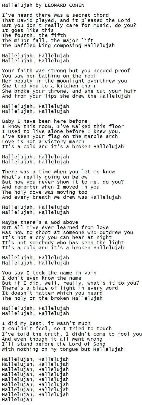 Hallelujah By Leonard Cohen Leonard Cohen Hallelujah Song Lyrics