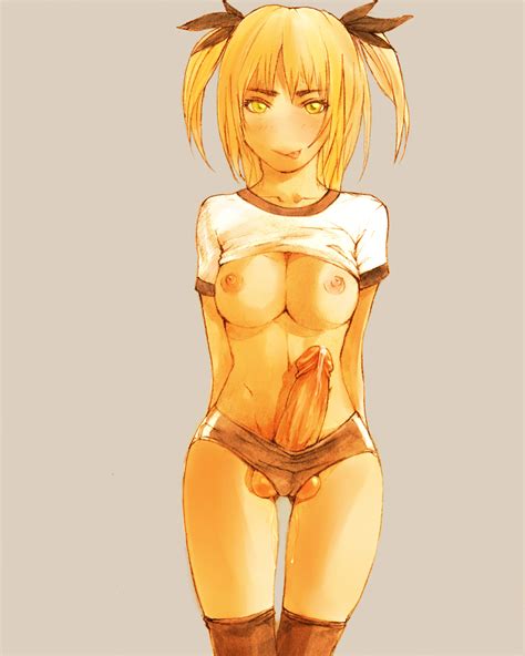 99aj original highres 1girl p blonde hair blush breasts buruma clothes lift futanari
