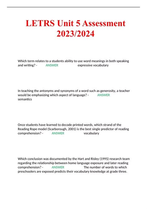 LETRS Unit 5 Assessment 2023/2024 - Letrs - Stuvia US