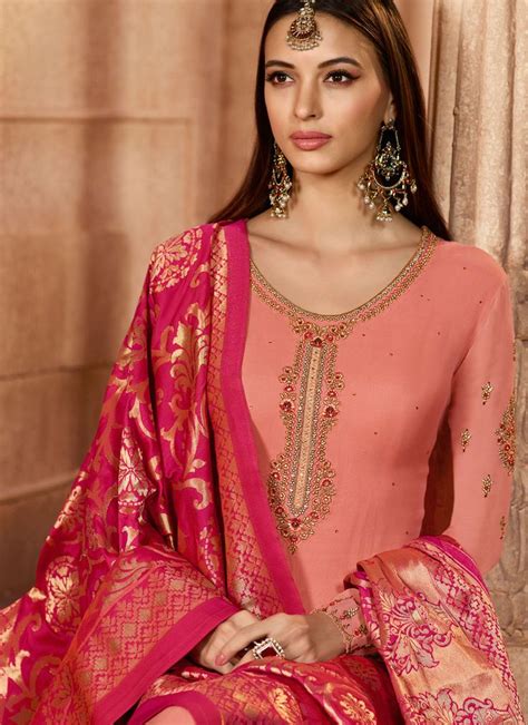 Faux Georgette Pink Embroidered Churidar Designer Suit Churidar Suits Silk Dupatta Indian