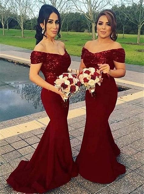 Sp1552off Shoulder Mermaid Dark Red Bridesmaid Dresses With Sequins