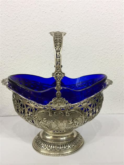 Antique Silver And Cobalt Blue Glass Fruit Basket For Sale