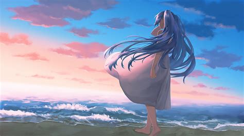 Barefoot Beach Clouds Dress Hatsune Miku Sky Vocaloid Water Yue Tada