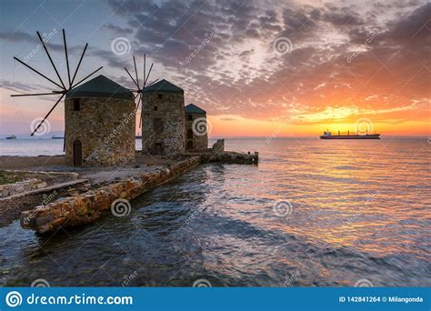 Windmills Of Chios Stock Photo Image Of Sunrise Windmill 142841264