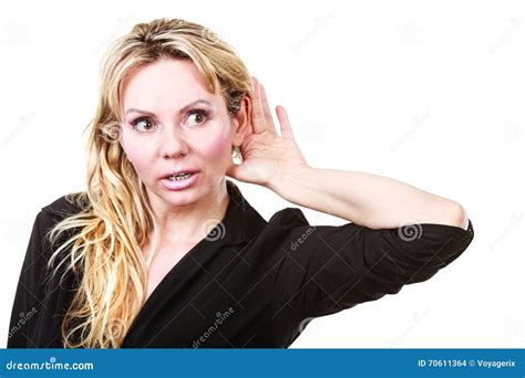 Blonde Woman Making Listening Gesture Stock Photo Image Of Woman