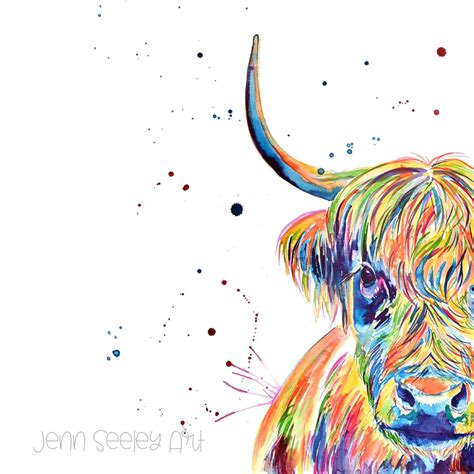 Colorful Highland Cow Watercolor Art Print Etsy