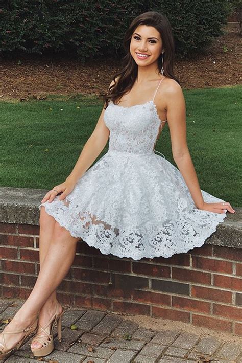 A Line Backless Lace White Homecoming Dresses Short Prom Dresses Whit Abcprom